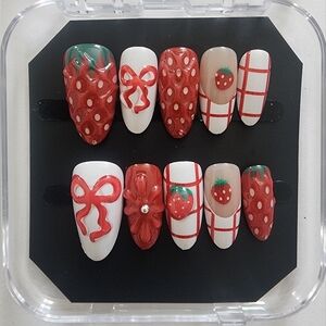 3D Strawberry & Bow Press On Nails - Red Coquette Picnic Art - Size Small